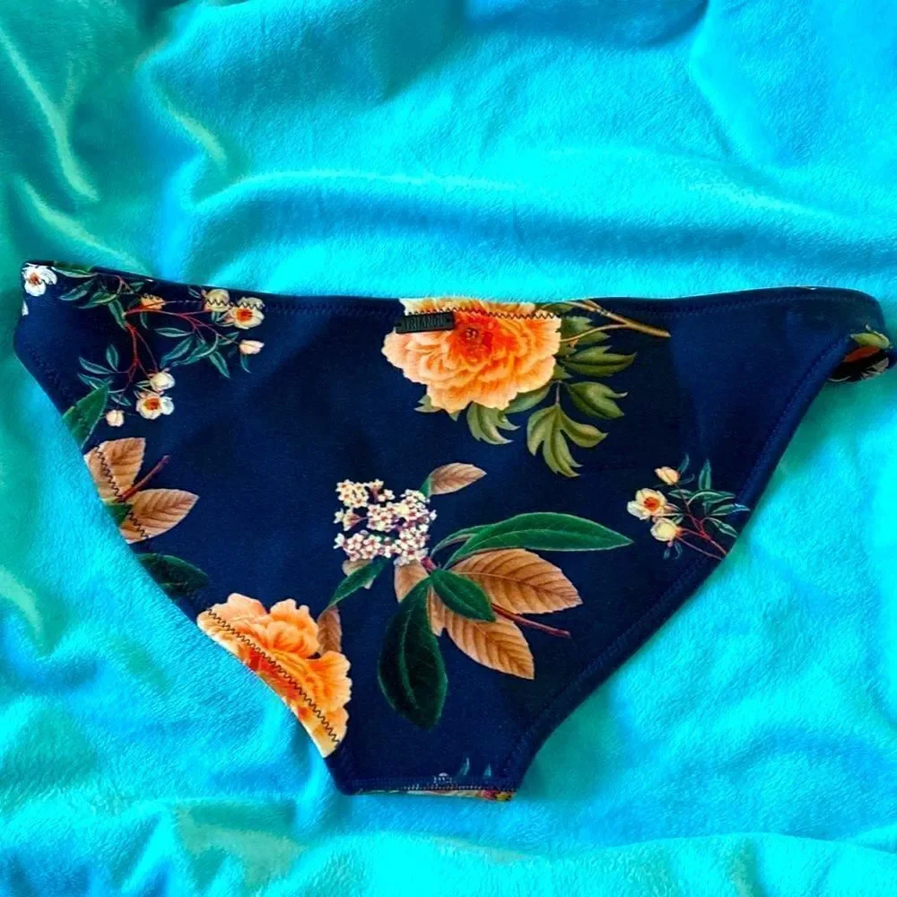 Triangl Navy Blue Bikini Bottom Orange Flowers Floral Swimwear Tropical Vacation